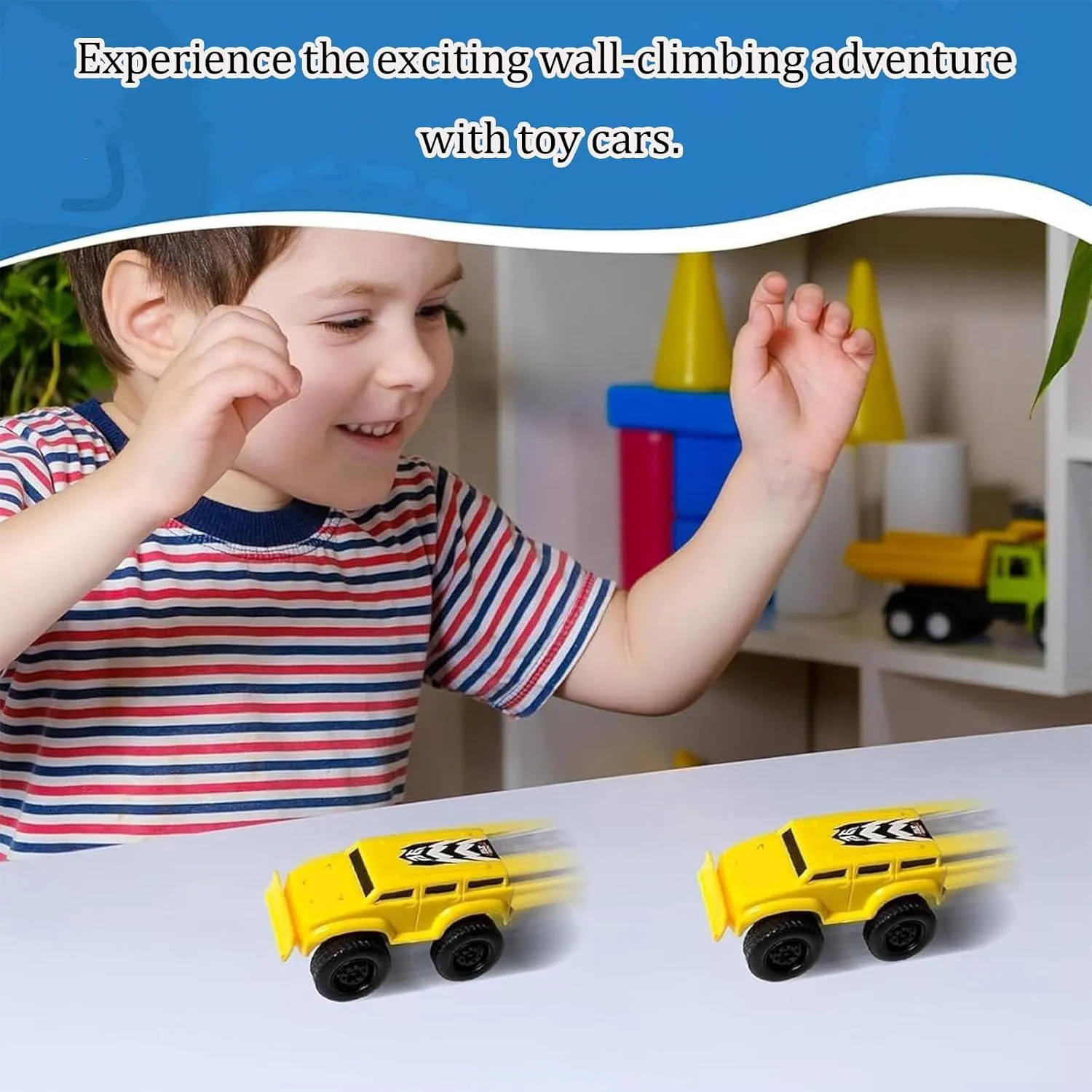 Magnetic Wall Climbing Toy Car, Magnetic Wall Climbing Cars, Wall Climbing Car, Boys and Girl Inertial Magnetic Levitation, Puzzle Decompression Toys (Blue Yellow)