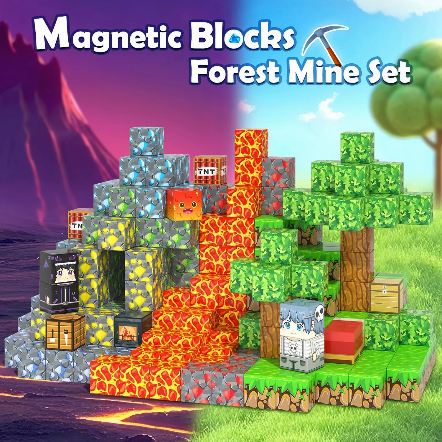 Magnetic Blocks - Build Mine Magnet World Forest Mine Set Magnet Building Blocks Kids Toys for 3  Year Old Boys & Girls 1'' Magnetic Cubes STEM Sensory Building Toys Kids Game Xmas Gifts