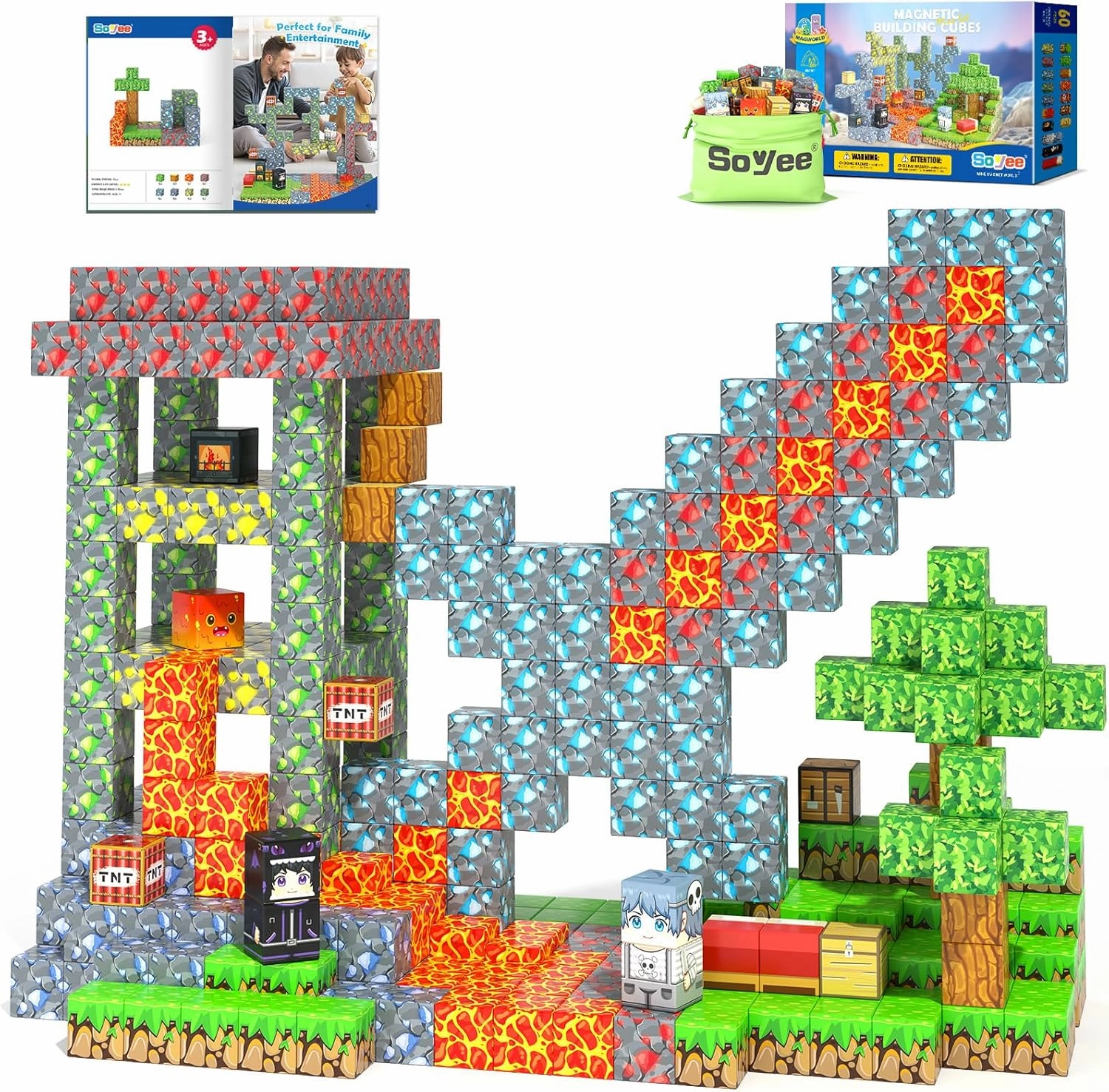 Magnetic Blocks - Build Mine Magnet World Forest Mine Set Magnet Building Blocks Kids Toys for 3  Year Old Boys & Girls 1'' Magnetic Cubes STEM Sensory Building Toys Kids Game Xmas Gifts