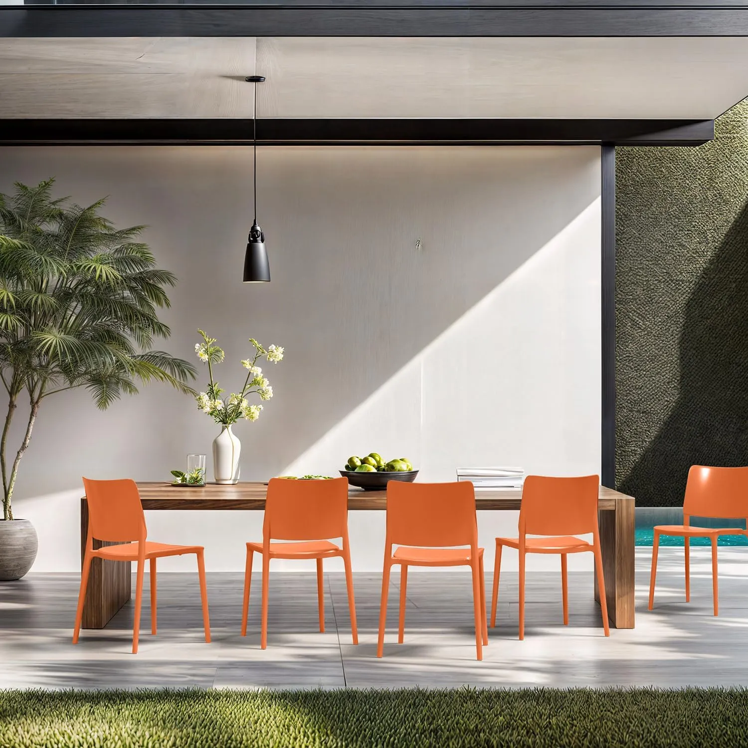 Maiori Modern Stacking Plastic/Resin Patio Dining Side Chair Indoor/Outdoor, Pool, Patio, Kitchen, Restaurant (Set of 2), Orange
