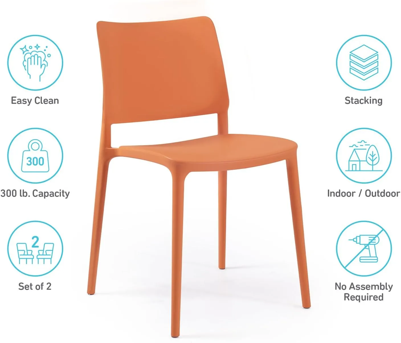 Maiori Modern Stacking Plastic/Resin Patio Dining Side Chair Indoor/Outdoor, Pool, Patio, Kitchen, Restaurant (Set of 2), Orange