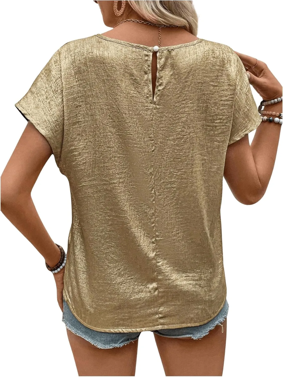 MakeMeChic Women's Elegant Metallic Tops Short Sleeve Round Neck Blouses