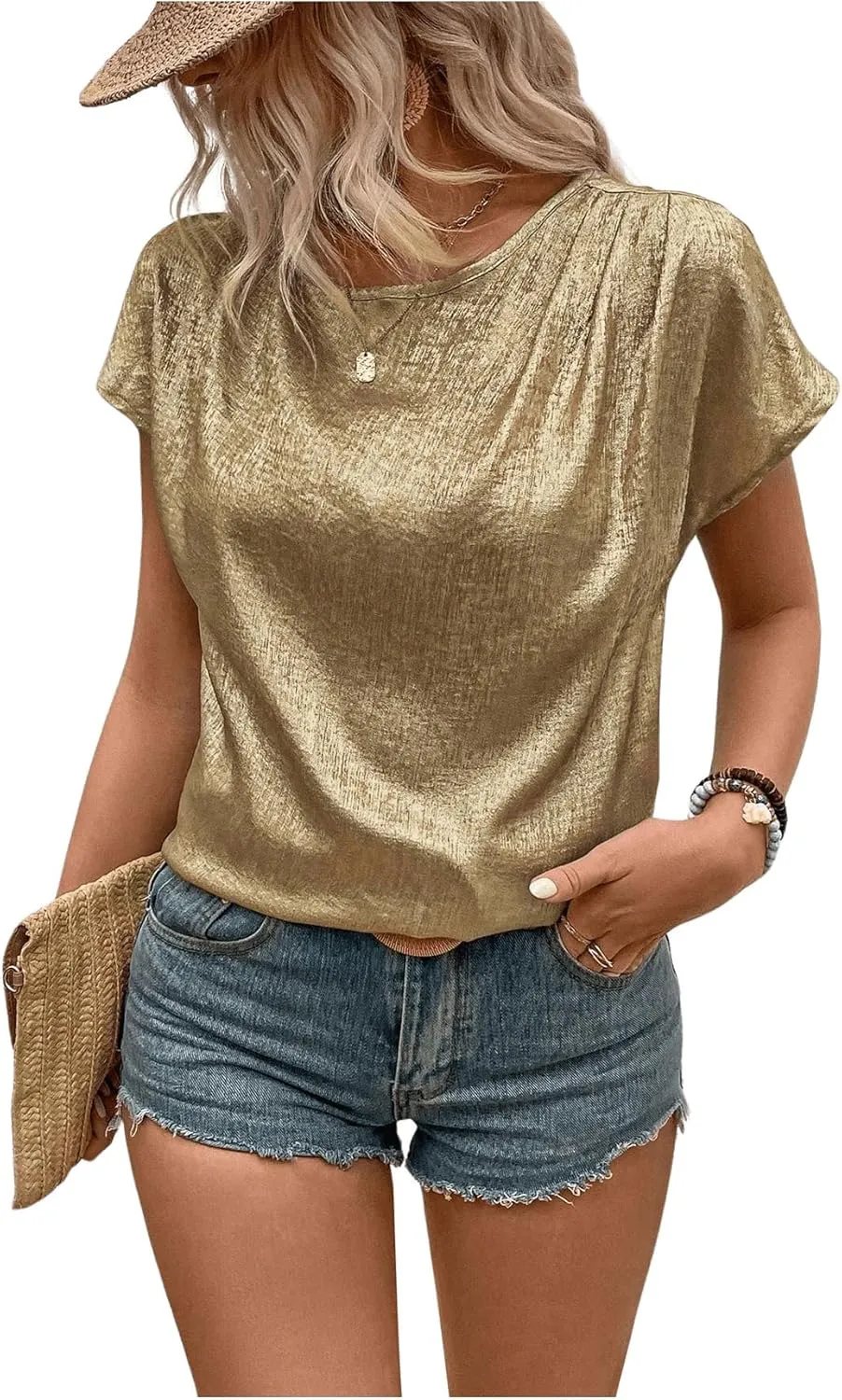 MakeMeChic Women's Elegant Metallic Tops Short Sleeve Round Neck Blouses