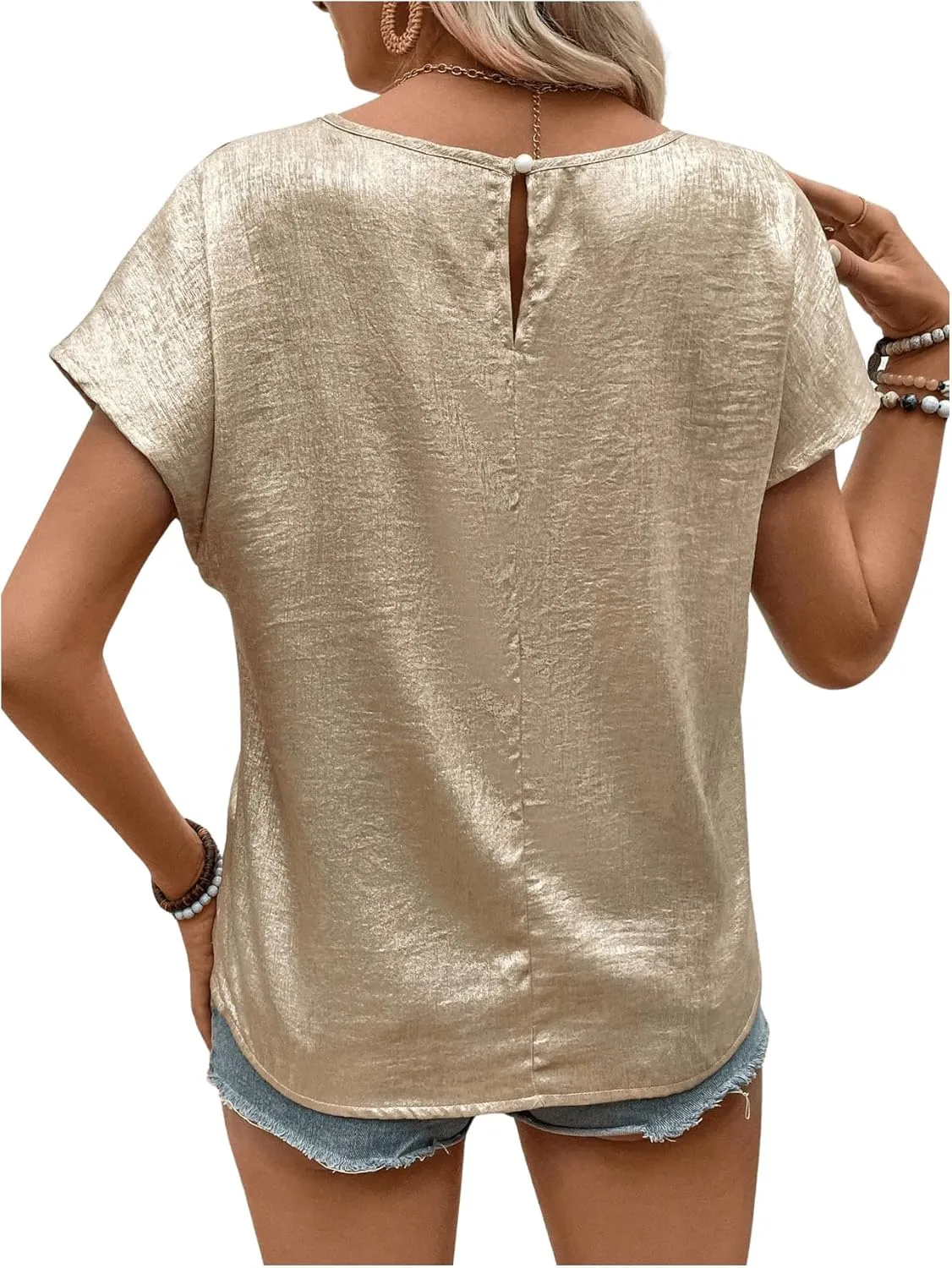 MakeMeChic Women's Elegant Metallic Tops Short Sleeve Round Neck Blouses