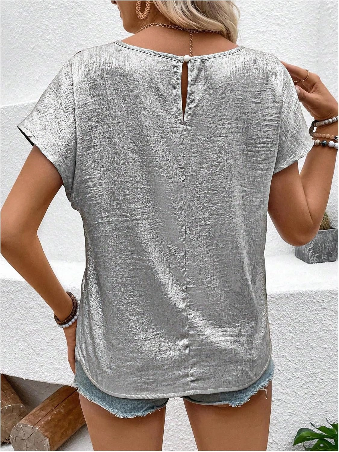MakeMeChic Women's Elegant Metallic Tops Short Sleeve Round Neck Blouses