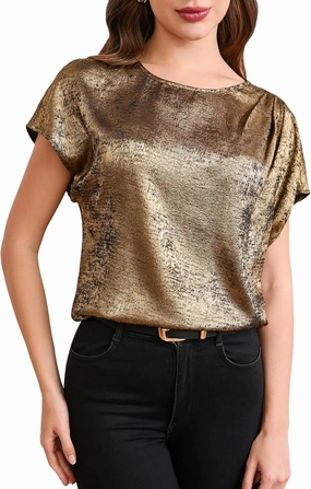 MakeMeChic Women's Elegant Metallic Tops Short Sleeve Round Neck Blouses