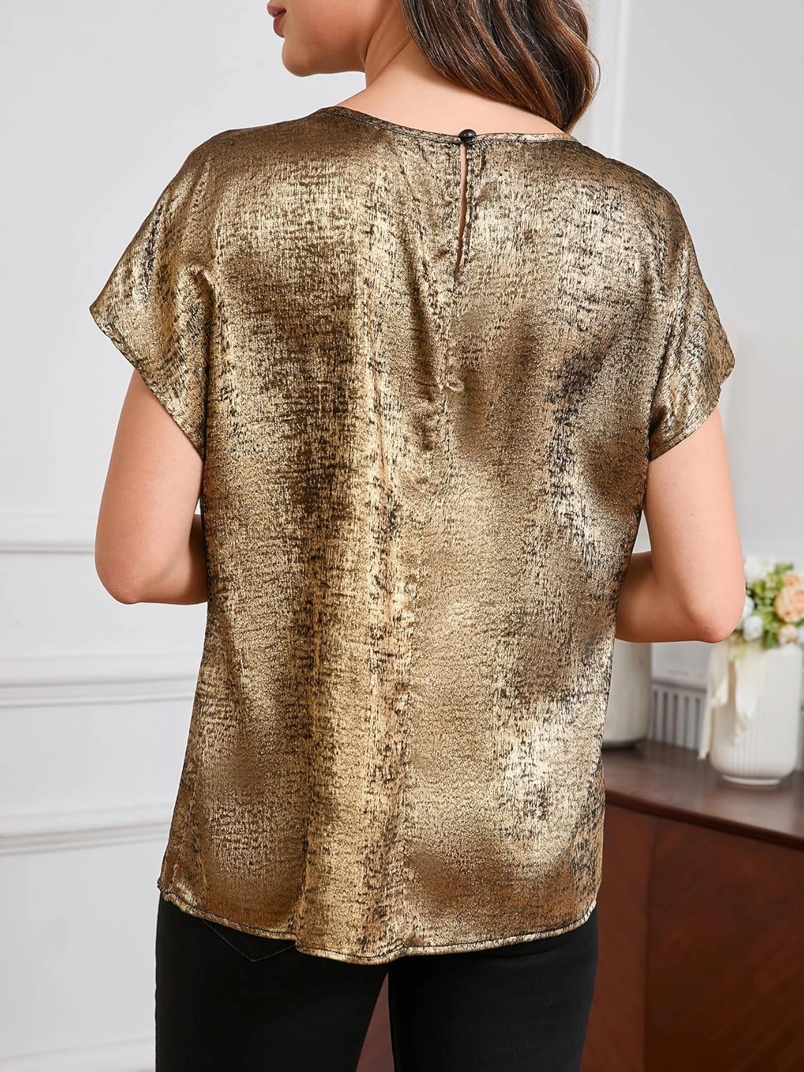 MakeMeChic Women's Elegant Metallic Tops Short Sleeve Round Neck Blouses
