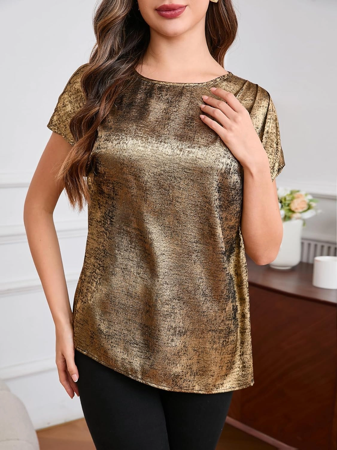MakeMeChic Women's Elegant Metallic Tops Short Sleeve Round Neck Blouses