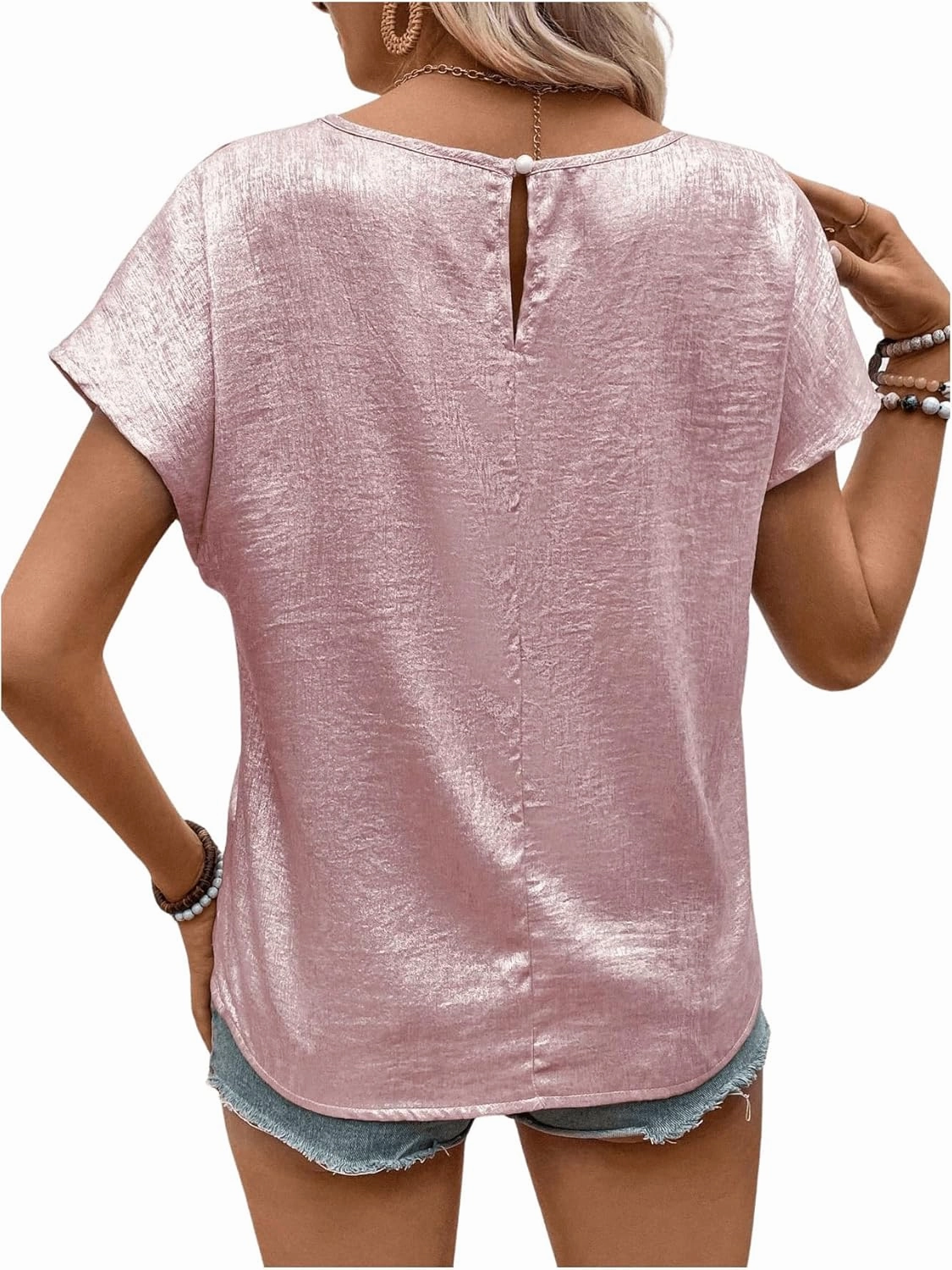 MakeMeChic Women's Elegant Metallic Tops Short Sleeve Round Neck Blouses