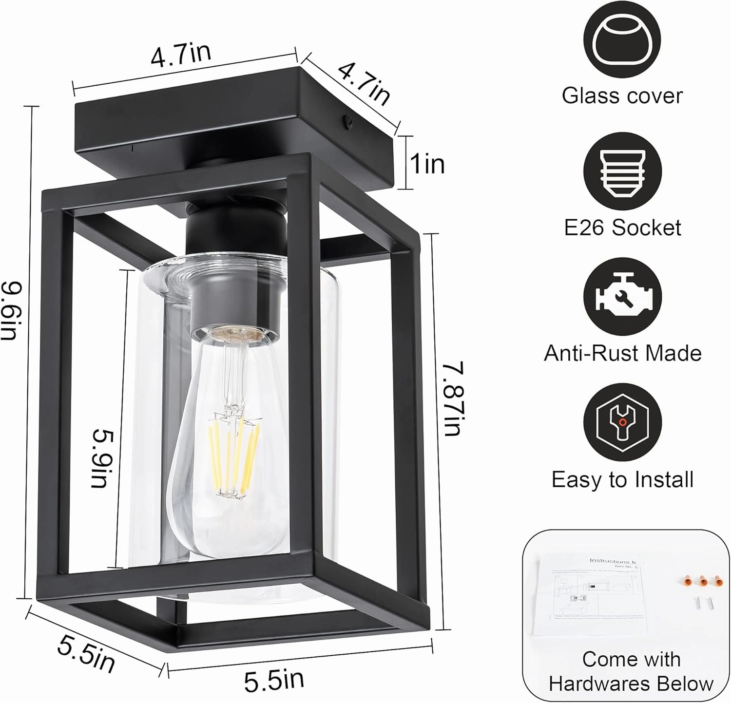 Mayful Flush Mount Ceiling Light Fixture with Clear Glass Shade, Farmhouse Black Metal Frame Light Fixture for Kitchen Island Entryway Porch Foyer Dining Room, E26 Ceramic Base
