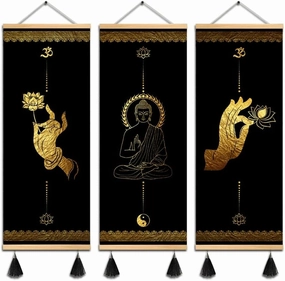 MBOUFOEY 3Pcs Buddhism Zen Art Buddha Hand Gestures Gold Black Canvas Wall Art Yoga Print Poster Wood Scroll Frame with Tassel Painting Home Decor Artwork Ready To Hang (30x80cm 3pcs)