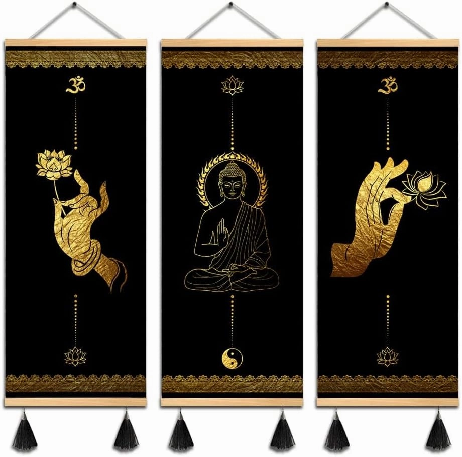 MBOUFOEY 3Pcs Buddhism Zen Art Buddha Hand Gestures Gold Black Canvas Wall Art Yoga Print Poster Wood Scroll Frame with Tassel Painting Home Decor Artwork Ready To Hang (30x80cm 3pcs)
