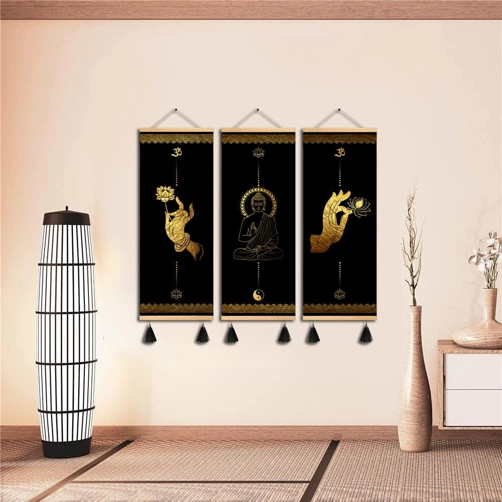 MBOUFOEY 3Pcs Buddhism Zen Art Buddha Hand Gestures Gold Black Canvas Wall Art Yoga Print Poster Wood Scroll Frame with Tassel Painting Home Decor Artwork Ready To Hang (30x80cm 3pcs)