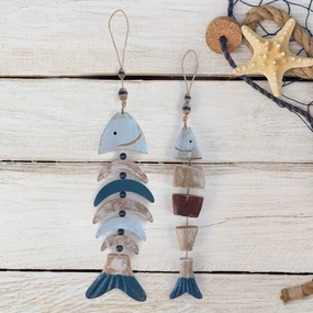 MDLUU Wooden Fish Decor, Hanging Fish Chime, Hand Carved Fish Wall Decor for Nautical Theme, Beach Theme, Lake House, Pack of 2