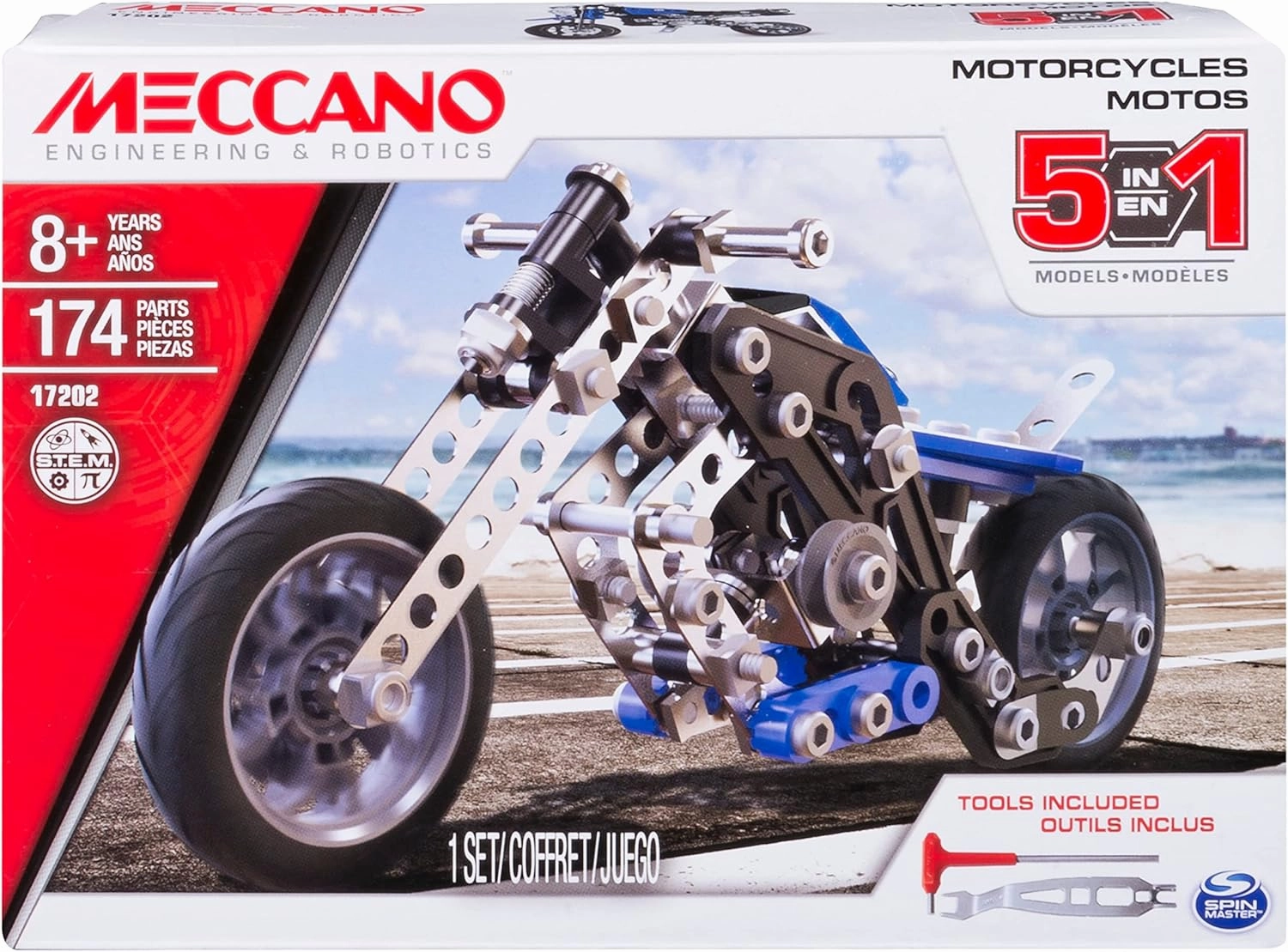 MECCANO Erector, 5 in 1 Model Building Set - Motorcycles, 174 Pieces, for Ages 8 and up, STEM Construction Education Toy