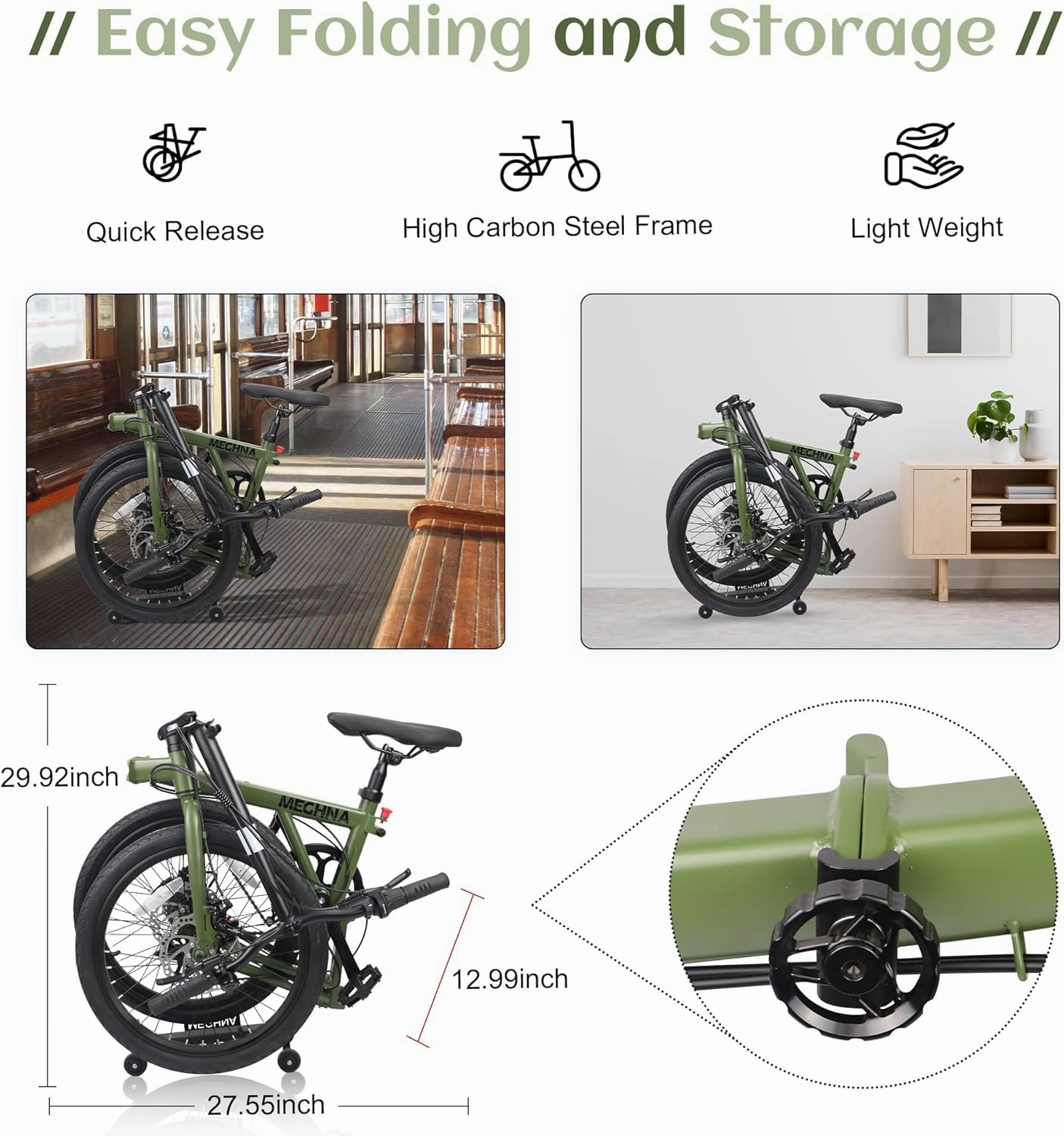 MEGHNA 20 inch Folding Bike Triple-Fold Commuter Bike 7 Speed Portable Folding Bicycle Dual Disc Brakes 20 x 1.75 inch Tire Flat Handlebar Bike with Cargo Rack, Multi - Colors (White/Blue/Green)