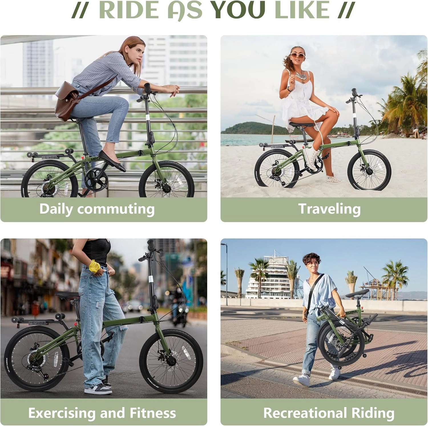 MEGHNA 20 inch Folding Bike Triple-Fold Commuter Bike 7 Speed Portable Folding Bicycle Dual Disc Brakes 20 x 1.75 inch Tire Flat Handlebar Bike with Cargo Rack, Multi - Colors (White/Blue/Green)