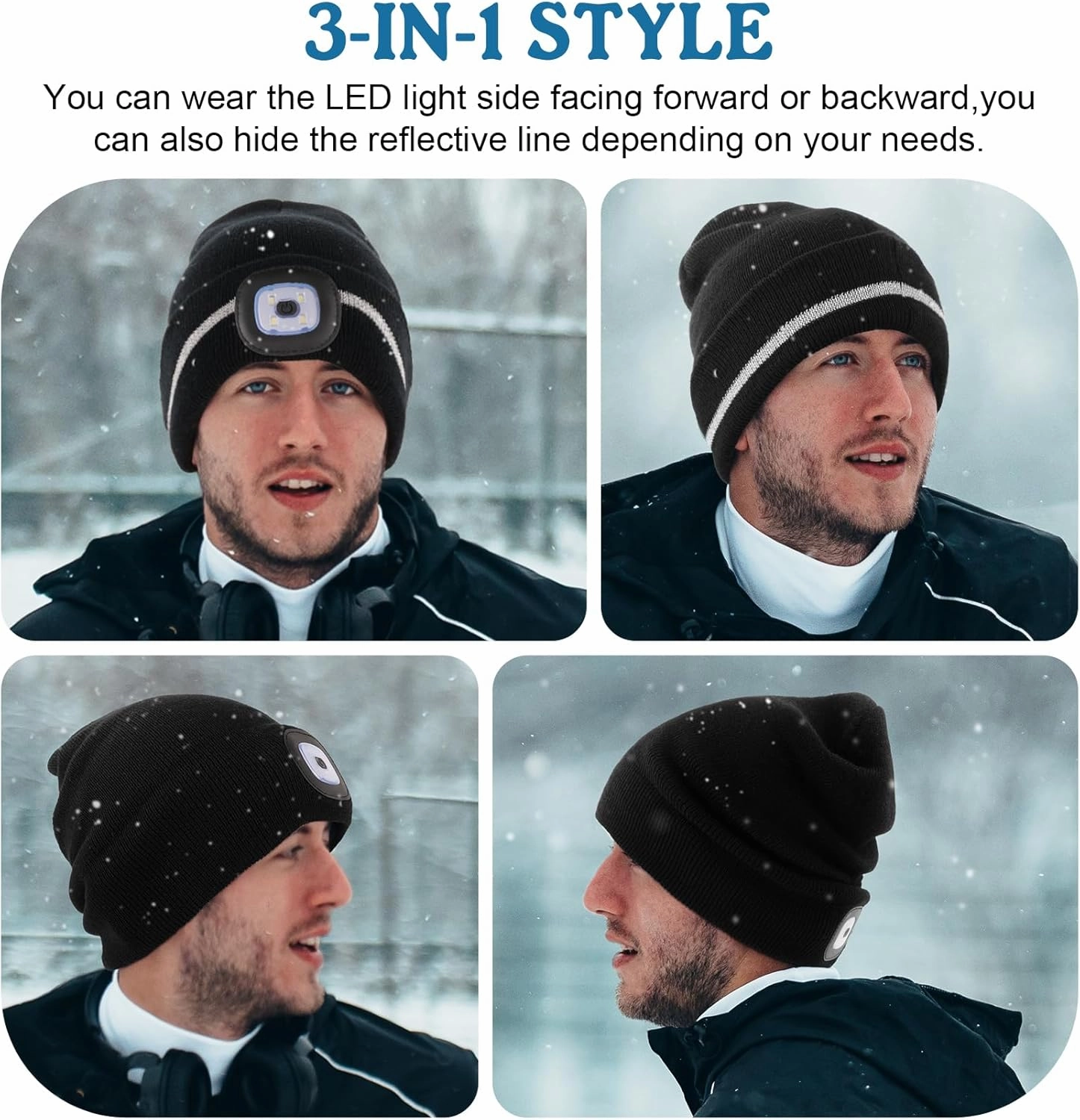 MELASA Reflective Stripe LED Beanie Safety High Visibility Winter Hat with Light for Outdoor Work Sports Gifts for Men Dad