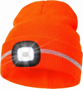 MELASA Reflective Stripe LED Beanie Safety High Visibility Winter Hat with Light for Outdoor Work Sports Gifts for Men Dad