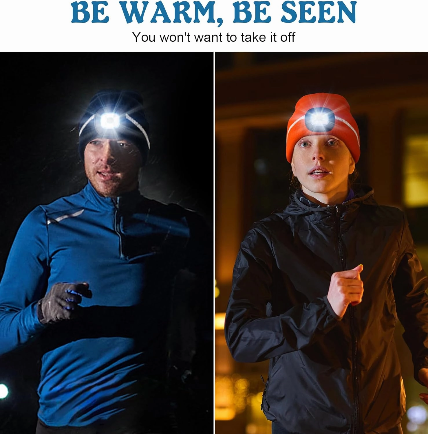 MELASA Reflective Stripe LED Beanie Safety High Visibility Winter Hat with Light for Outdoor Work Sports Gifts for Men Dad