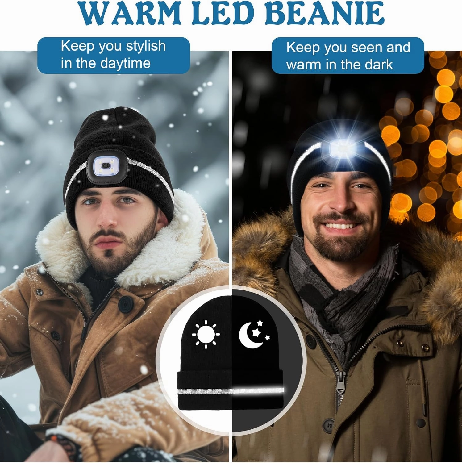MELASA Reflective Stripe LED Beanie Safety High Visibility Winter Hat with Light for Outdoor Work Sports Gifts for Men Dad