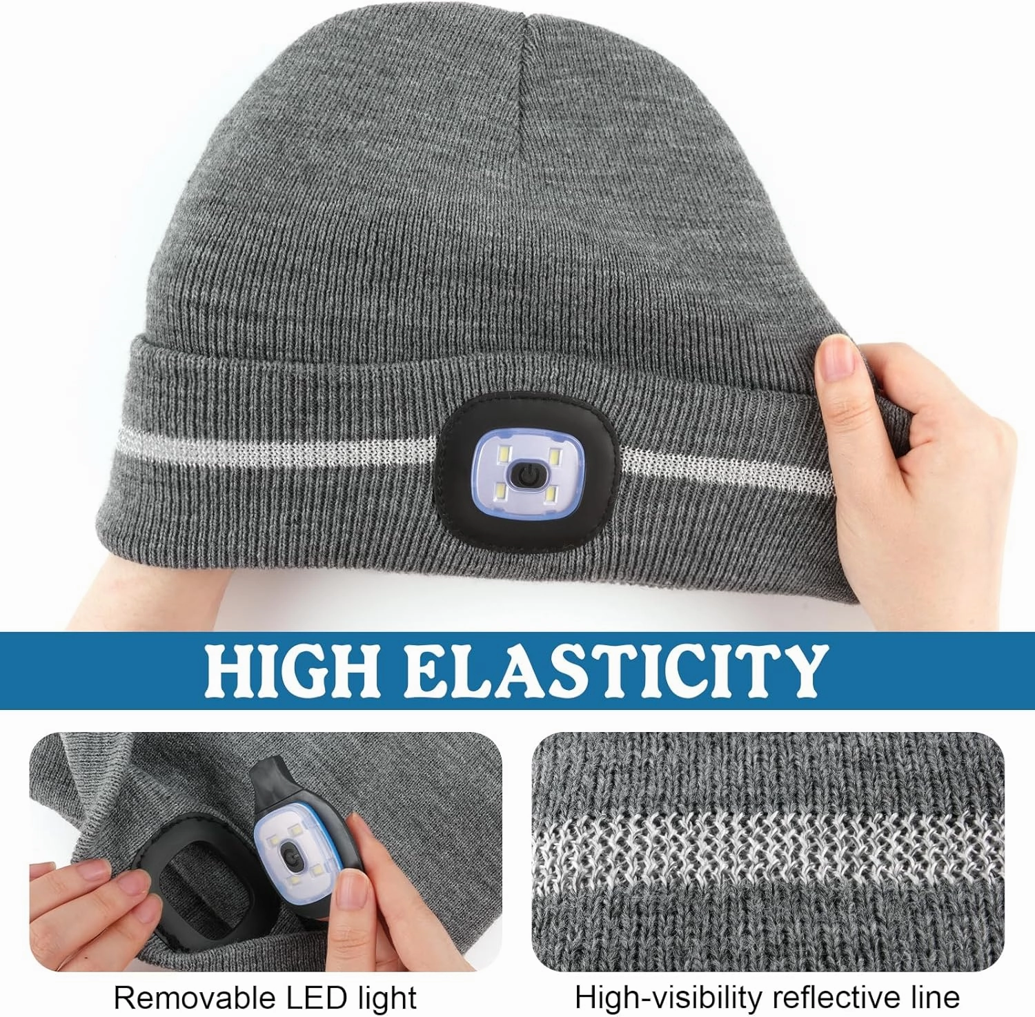 MELASA Reflective Stripe LED Beanie Safety High Visibility Winter Hat with Light for Outdoor Work Sports Gifts for Men Dad