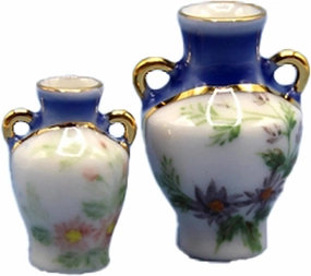 Melody Jane Dollhouse 2 Blue Floral Painted Vases Miniature Ornament Accessory 1:12 Scale