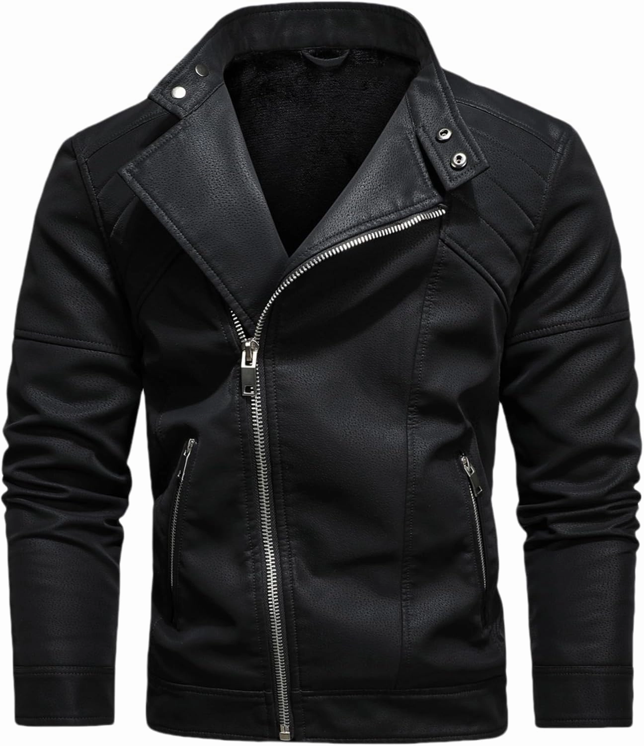 Men's PU Faux Jacket Padded Large Lapel European Size Oblique Lapel Zipper Autumn and Winter Standing Jacket