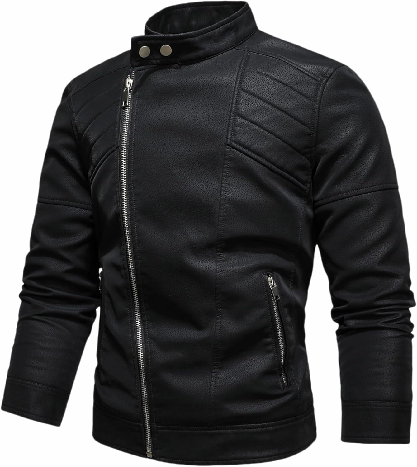 Men's PU Faux Jacket Padded Large Lapel European Size Oblique Lapel Zipper Autumn and Winter Standing Jacket