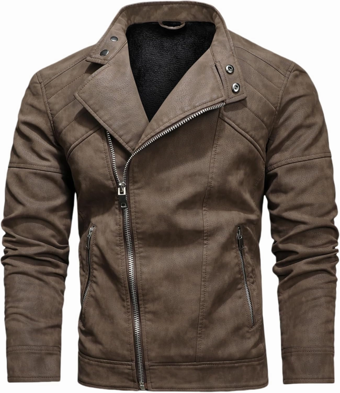 Men's PU Faux Jacket Padded Large Lapel European Size Oblique Lapel Zipper Autumn and Winter Standing Jacket