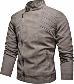 Men's PU Faux Jacket Padded Large Lapel European Size Oblique Lapel Zipper Autumn and Winter Standing Jacket
