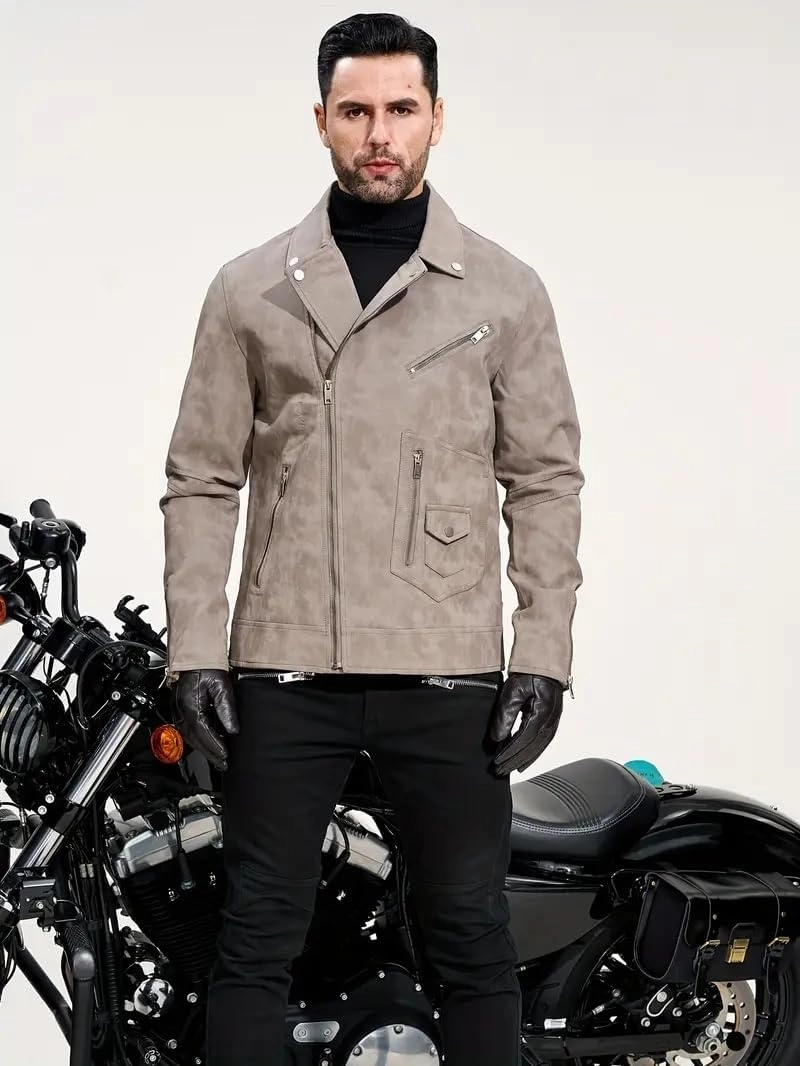 Men's PU Faux Jacket Padded Large Lapel European Size Oblique Lapel Zipper Autumn and Winter Standing Jacket