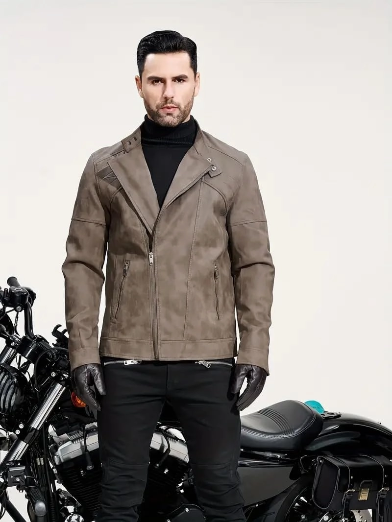 Men's PU Faux Jacket Padded Large Lapel European Size Oblique Lapel Zipper Autumn and Winter Standing Jacket