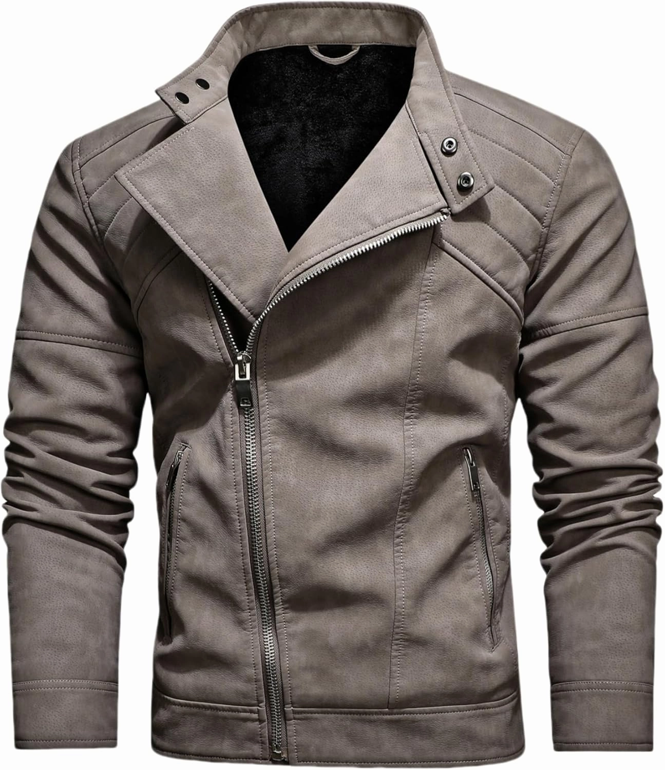 Men's PU Faux Jacket Padded Large Lapel European Size Oblique Lapel Zipper Autumn and Winter Standing Jacket