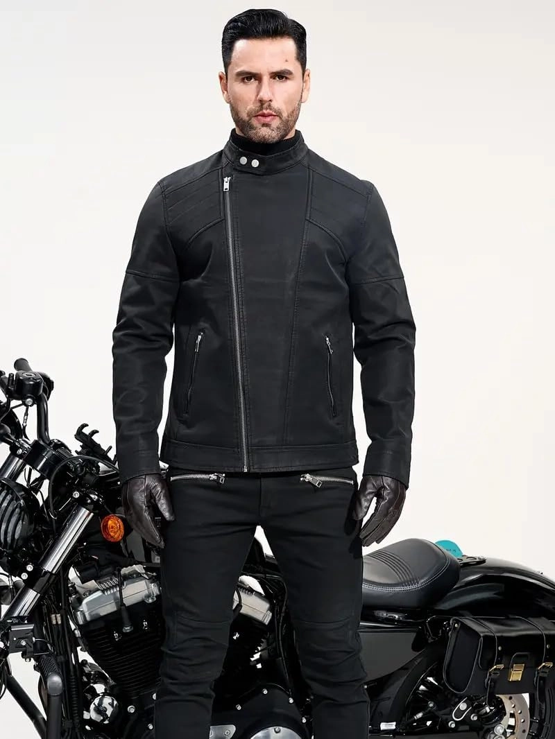 Men's PU Faux Jacket Padded Large Lapel European Size Oblique Lapel Zipper Autumn and Winter Standing Jacket