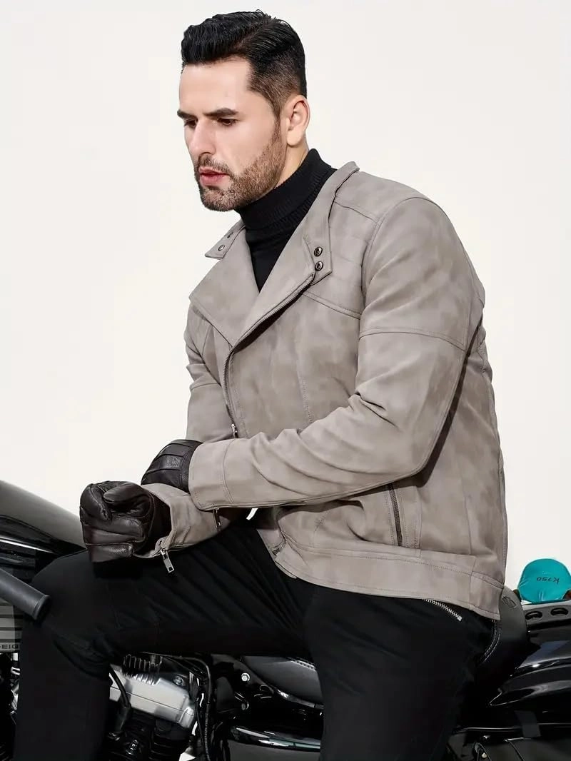 Men's PU Faux Jacket Padded Large Lapel European Size Oblique Lapel Zipper Autumn and Winter Standing Jacket