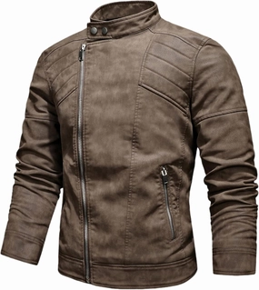 Men's PU Faux Jacket Padded Large Lapel European Size Oblique Lapel Zipper Autumn and Winter Standing Jacket