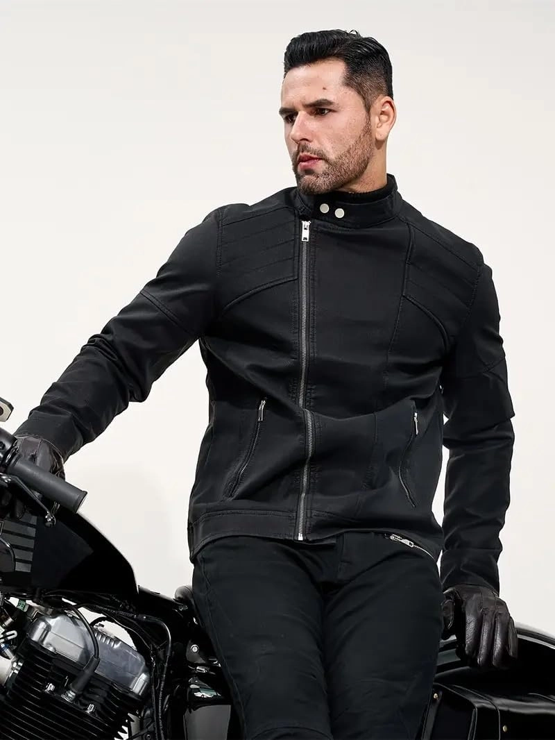 Men's PU Faux Jacket Padded Large Lapel European Size Oblique Lapel Zipper Autumn and Winter Standing Jacket