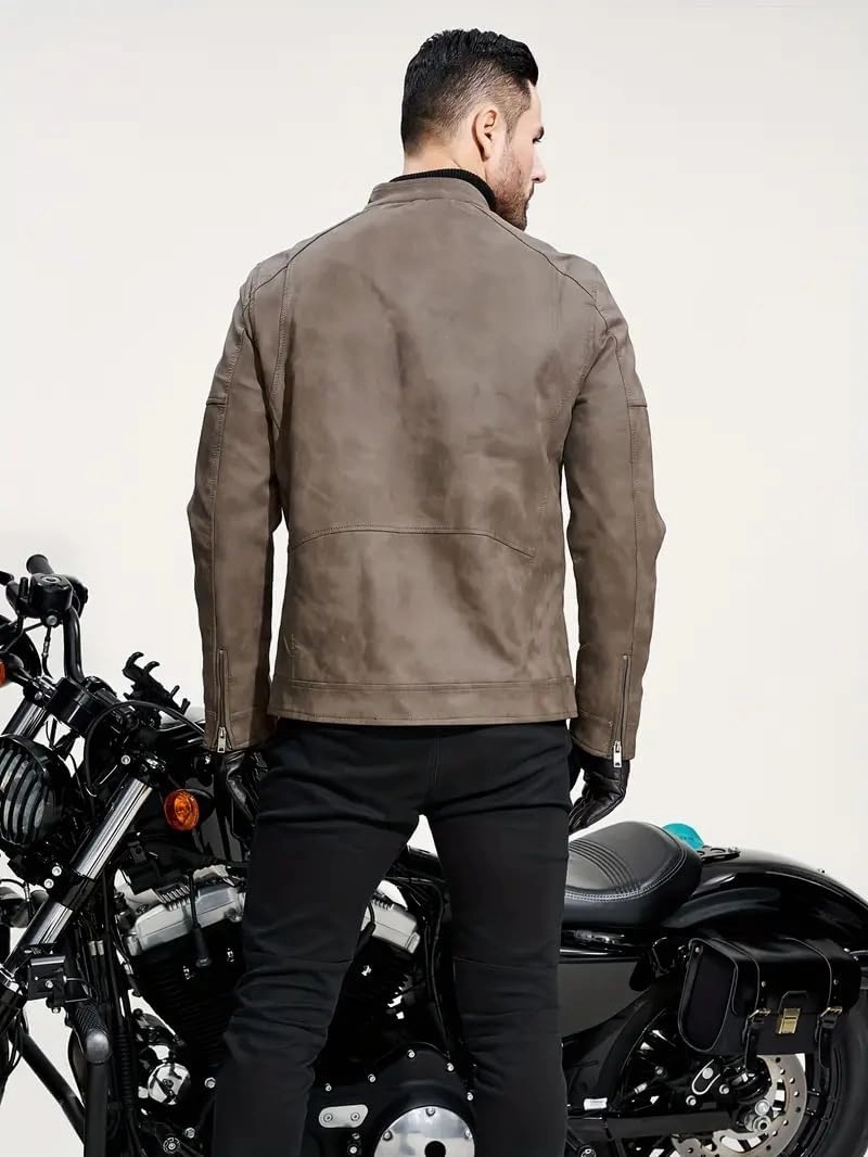 Men's PU Faux Jacket Padded Large Lapel European Size Oblique Lapel Zipper Autumn and Winter Standing Jacket