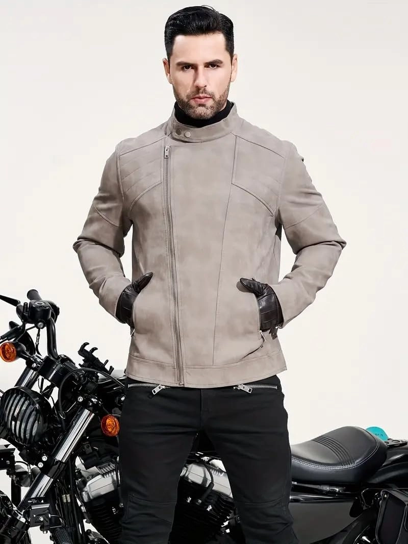 Men's PU Faux Jacket Padded Large Lapel European Size Oblique Lapel Zipper Autumn and Winter Standing Jacket