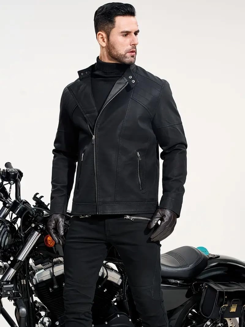 Men's PU Faux Jacket Padded Large Lapel European Size Oblique Lapel Zipper Autumn and Winter Standing Jacket