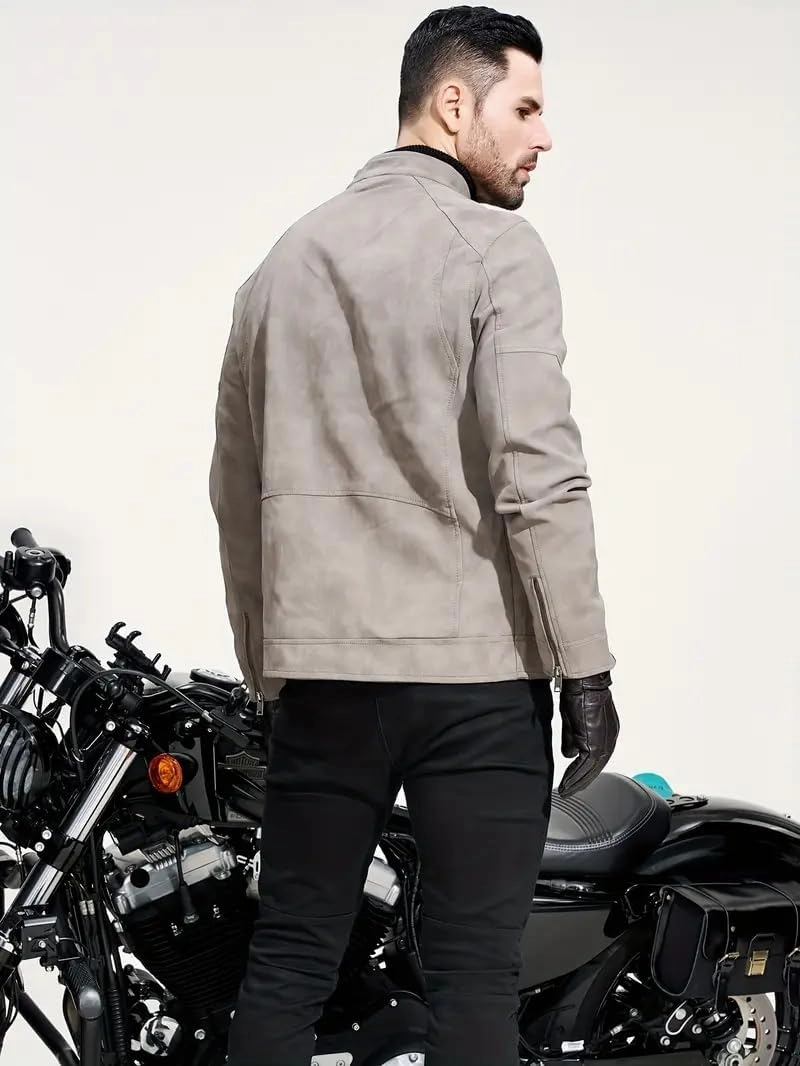 Men's PU Faux Jacket Padded Large Lapel European Size Oblique Lapel Zipper Autumn and Winter Standing Jacket