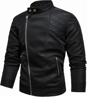 Men's PU Faux Jacket Padded Large Lapel European Size Oblique Lapel Zipper Autumn and Winter Standing Jacket