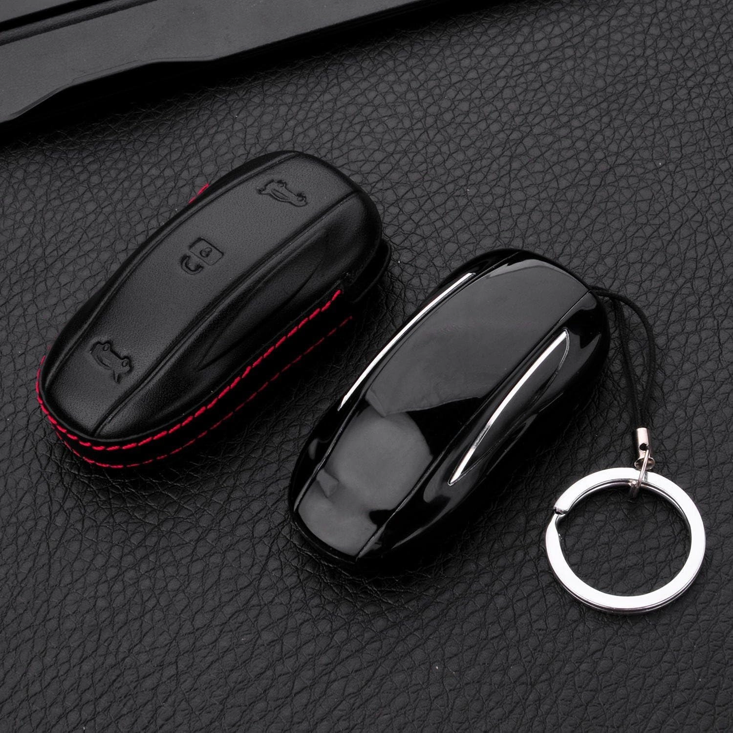 Men Women Genuine Leather Key Fob Cover for Tesla Model X, Car Remote Key Case with Keychain - For Tesla Model X - Black