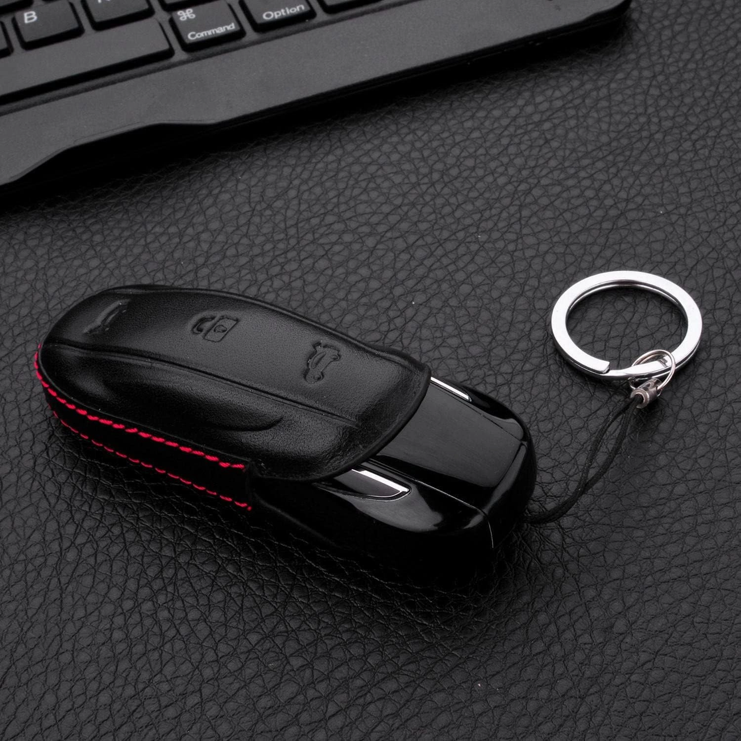 Men Women Genuine Leather Key Fob Cover for Tesla Model X, Car Remote Key Case with Keychain - For Tesla Model X - Black
