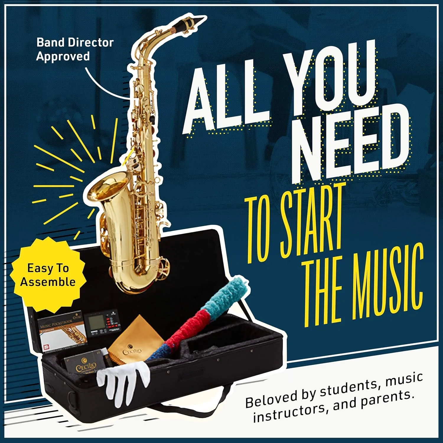 Mendini By Cecilio Alto Saxophone for Beginners, E Flat Tenor Saxophone for Students Musicians with Tuner, Mouthpiece, Case, 10 Reeds, Grease, Cleaning Cloth & Rod, Gloves, Strap, Book (Black Gold)