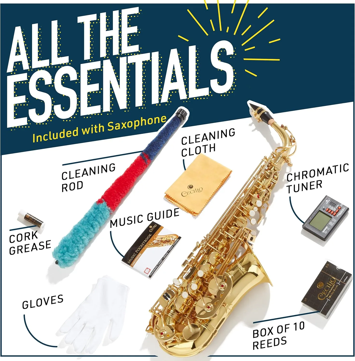 Mendini By Cecilio Alto Saxophone for Beginners, E Flat Tenor Saxophone for Students Musicians with Tuner, Mouthpiece, Case, 10 Reeds, Grease, Cleaning Cloth & Rod, Gloves, Strap, Book (Black Gold)