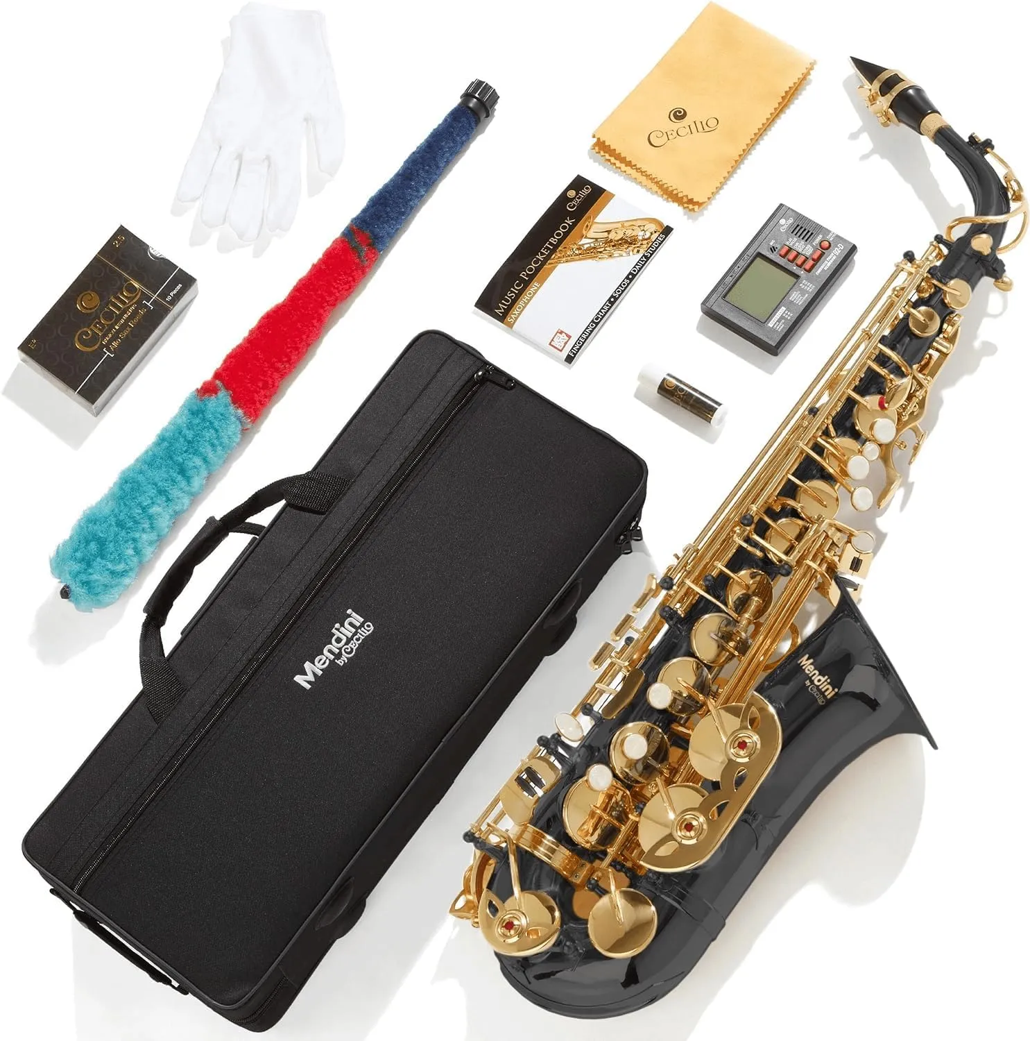 Mendini By Cecilio Alto Saxophone for Beginners, E Flat Tenor Saxophone for Students Musicians with Tuner, Mouthpiece, Case, 10 Reeds, Grease, Cleaning Cloth & Rod, Gloves, Strap, Book (Black Gold)