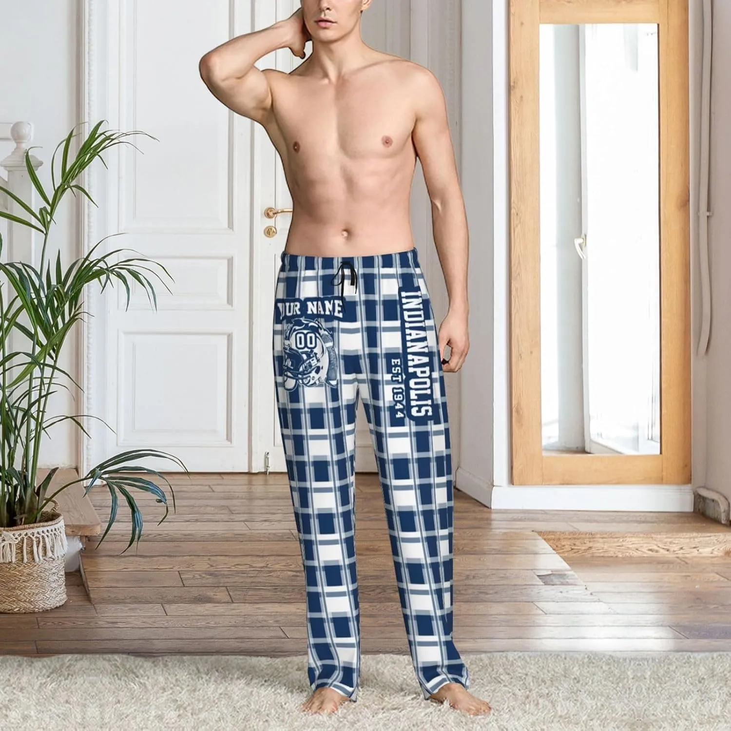 Men's Plaid Pajama Pants Custom Name Number Comfy Drawstring Pajama Lounge Sleep Pants with Pockets