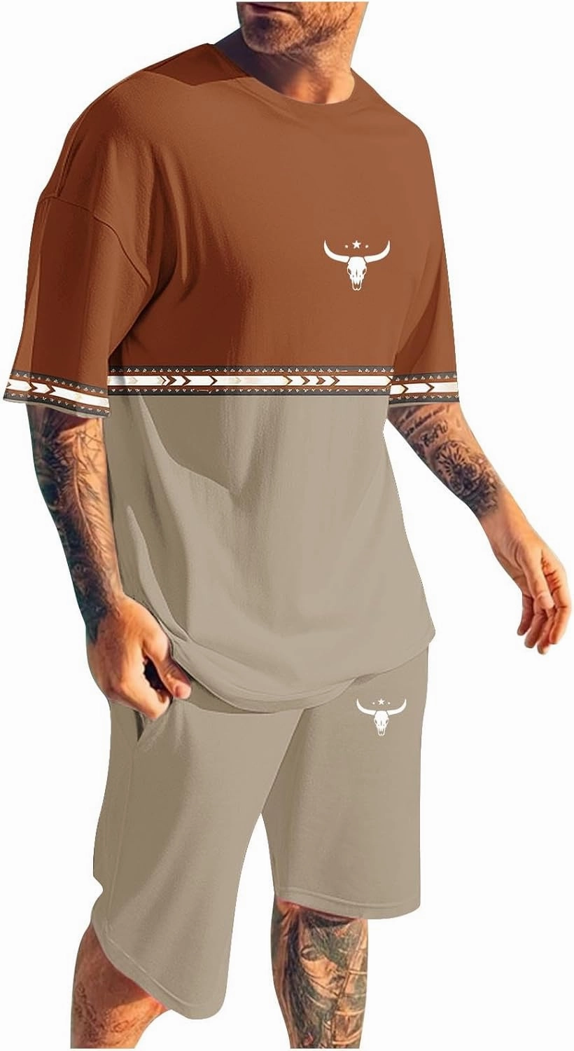 Mens 2 Piece Outfits Western Graphic Short Sleeve Colorblock T-Shirt Crewneck and Elastic Waist Shorts Set Classic 2025